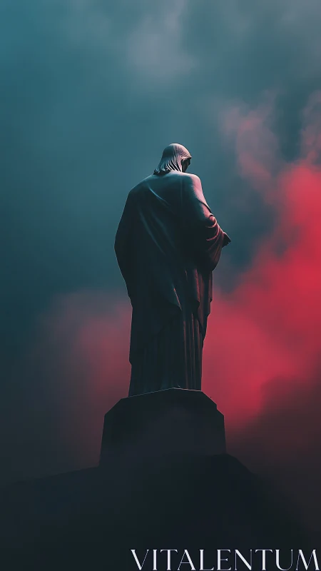 Lone cloaked statue rises through teal and crimson storm clouds