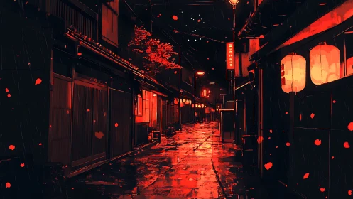 Rainy lantern alley with red-lit traditional street.