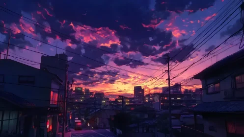 Urban street skyline under dense power lines at sunset.