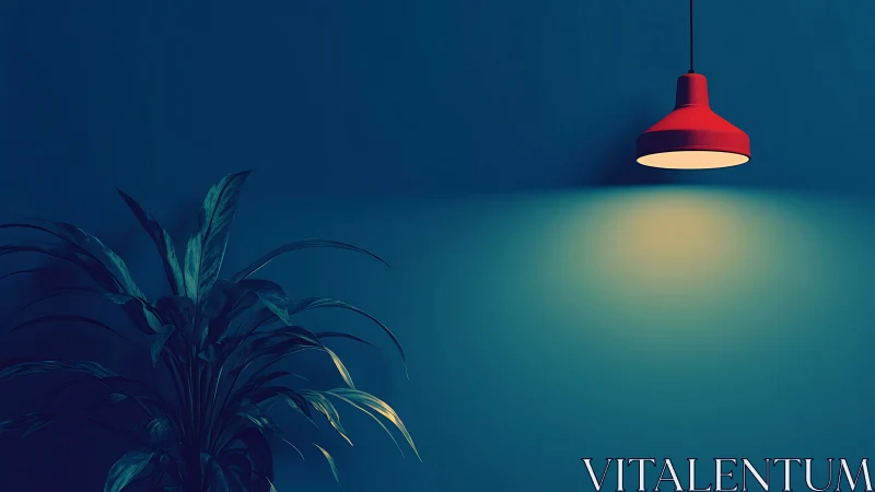 Red pendant lamp casts light on teal wall beside plant