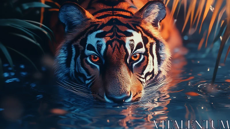 Midnight tiger sentinel drinking firelight from water.