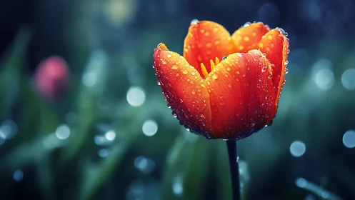 Dew-Kissed Tulip Blooming Through Twilight Mist.