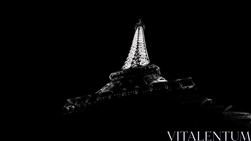 Eiffel Tower illuminated at night in stark black background.