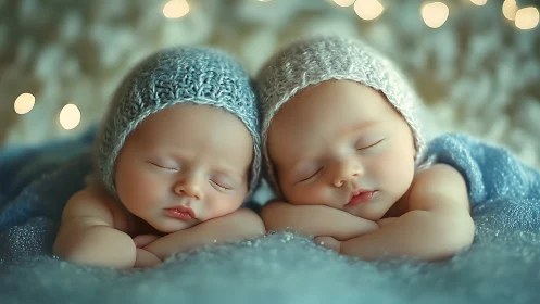 Twin Newborns Sleeping in Knitted Hats with Soft Lighting.