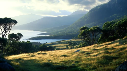 Sunlit coastal valley with trees, hills and calm water.