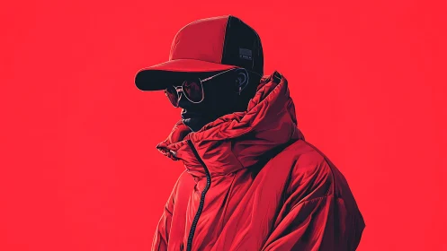 Crimson-coated silhouette glides through a neon hush