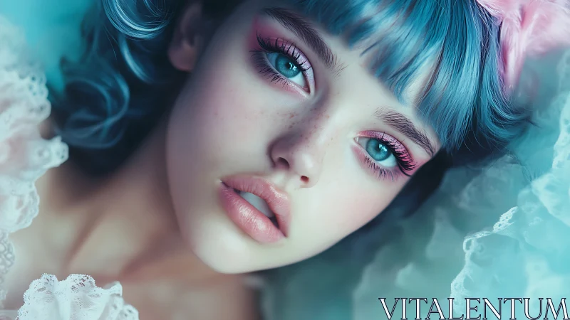 Hyper-detailed cyan-haired portrait uses shallow depth of field