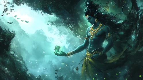 Mythic blue deity levitates glowing orb in misted forest
