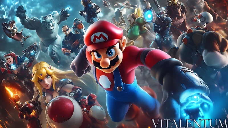 Heroic moustached plumber leads charged gaming battlefront.