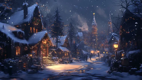 Snowy festive village street glows with cinematic winter light