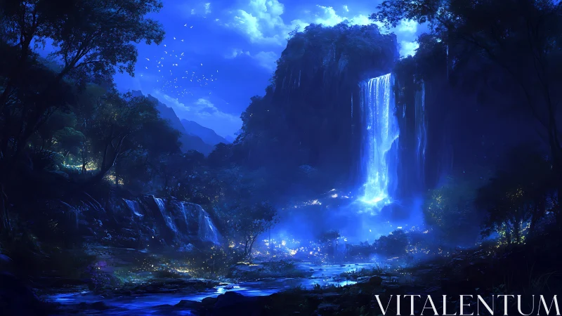 Luminous midnight waterfall in an enchanted forest valley.