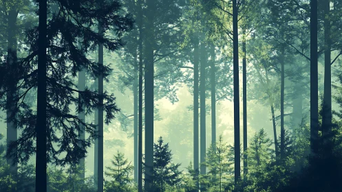 Coniferous Forest Canopy with Misty Atmospheric Depth