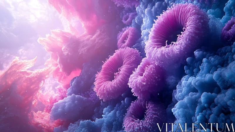 Bioluminescent coral forms in ethereal neon macro seascape.