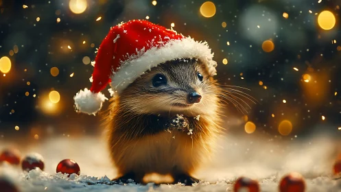 Hedgehog wears Santa hat in shallow depth festive scene