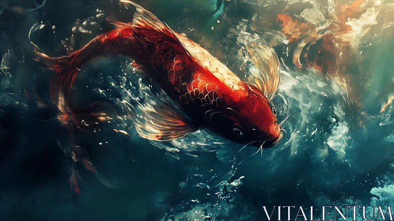 Vibrant red koi fish arcs through turbulent, light-struck water