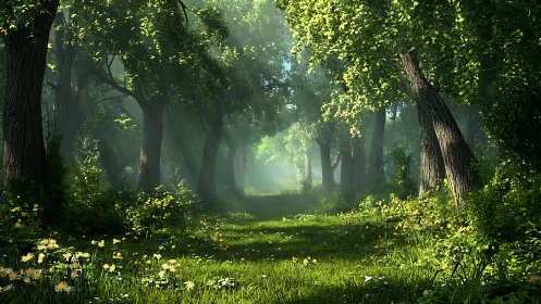 Sunlit forest path through towering trees with wildflowers.