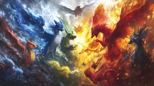 Elemental creatures spiral through fire and stormy skies.