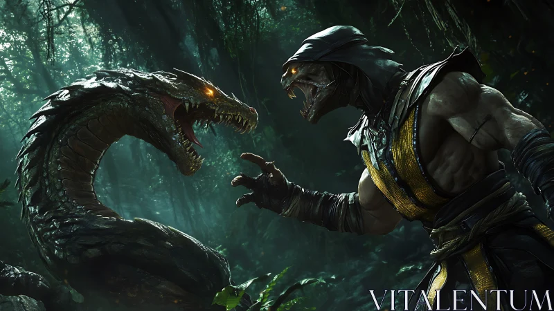 Reptilian warrior confronts fanged serpent in misty jungle