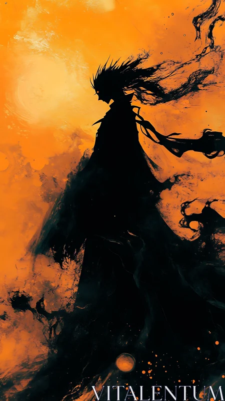 Shadow wraith silhouette cuts through burning orange void.