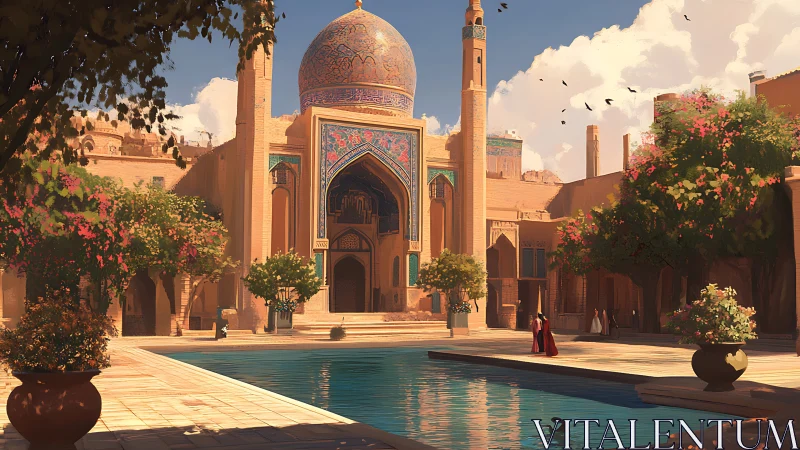 Sunlit Persian courtyard with tiled dome and tranquil pool.