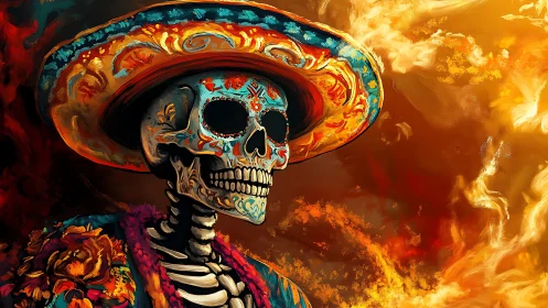 Colorful sugar skull in a blazing swirl of golden light