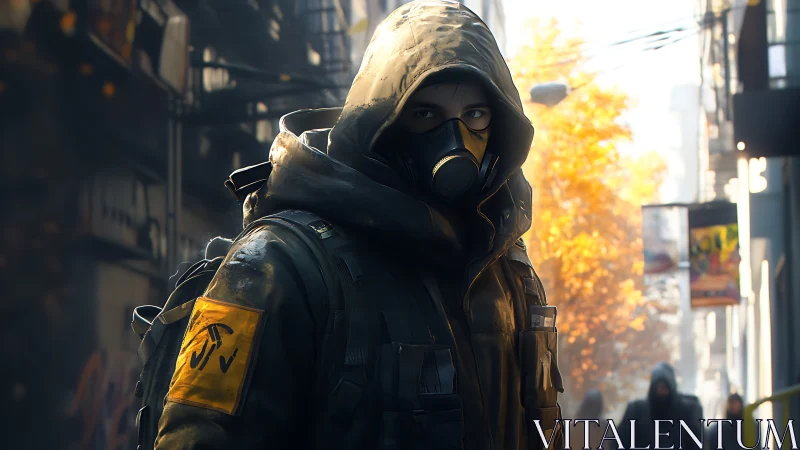 Hooded urban sentinel in gas mask amid hazy autumn street.