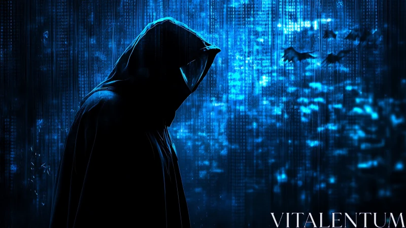 Mysterious hooded figure walks through glowing digital shadows