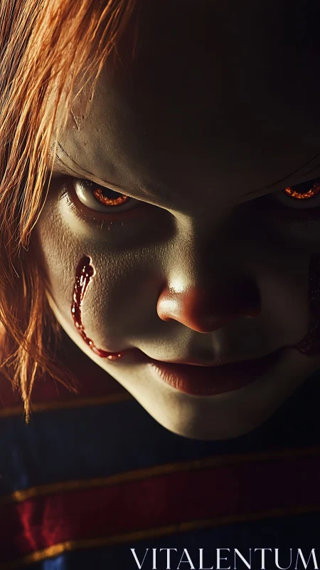 Cinematic close-up of sinister doll face with glowing eyes