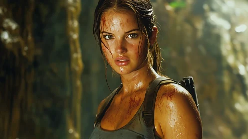 Wet, dirt-streaked woman explorer in jungle cavern setting.