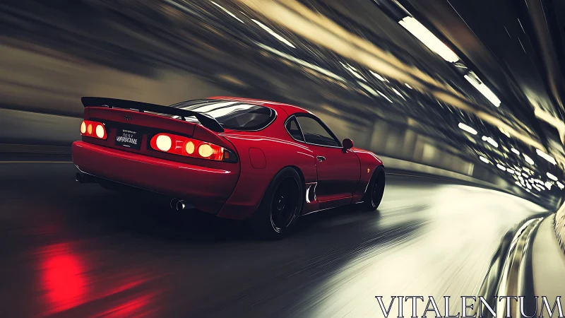 Red sports coupe moves through tunnel with motion blur
