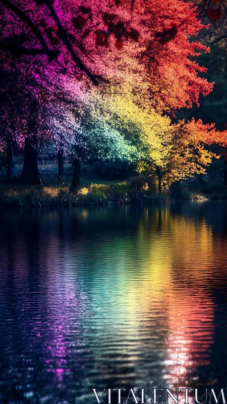 Rainbow forest canopy reflects over calm rippled lake surface