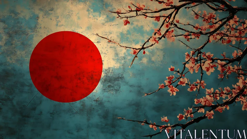 Crimson sun and quiet cherry blossoms over misty sky.