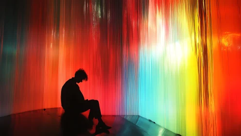 Silhouetted dreamer drifts quietly through liquid neon rain