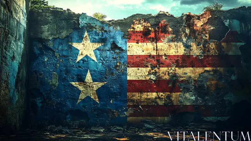 Weathered flag mural on decayed concrete wall surface.