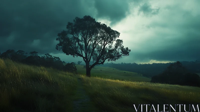 Solitary tree under storm-laden sky with directional rim lighting