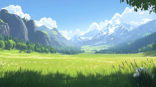 Sunlit mountain meadow opening into a peaceful green valley.