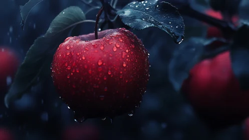 Red apple hangs under rain with cinematic moody lighting.