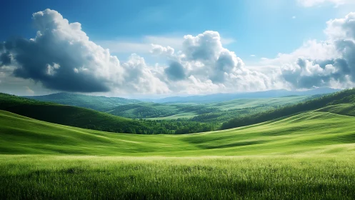 Sunlit green hills under towering cumulus clouds at horizon.