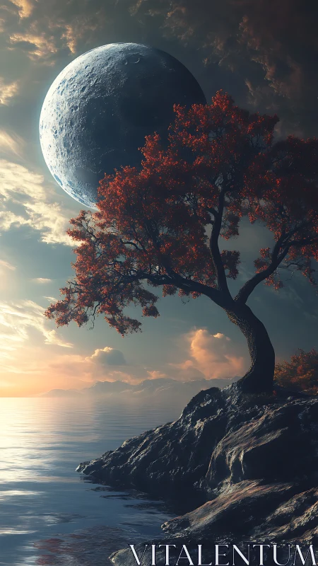 Tree on rocky shore stands before massive detailed moon