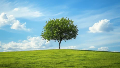 Lone tree on grassy hill under blue sky, serene landscape style.
