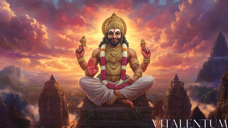 Radiant four-armed deity levitates above ornate stone temples at dusk