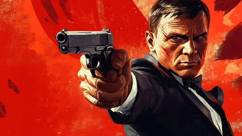 Tense suited gunman aiming pistol against red backdrop.