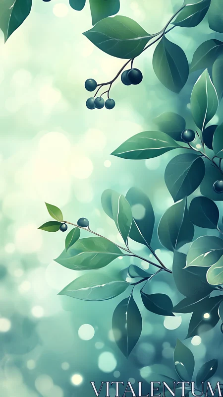 Dreamlit berry leaves drifting through minty morning light.