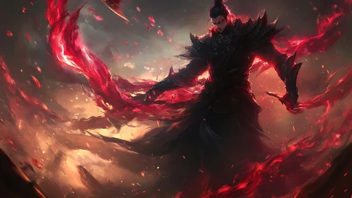 Dark warrior wielding swirling crimson flame magic.