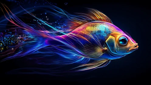 Digital neon fish with elongated fins on dark field.