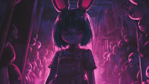 Moody bunny-eared child stands in a glowing toy hallway