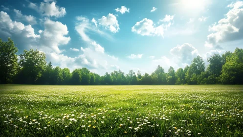 Sunlit wildflower meadow stretches toward distant forest edge