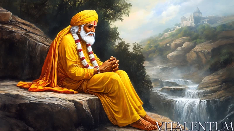 Elderly holy man in yellow robes seated by mountain falls.