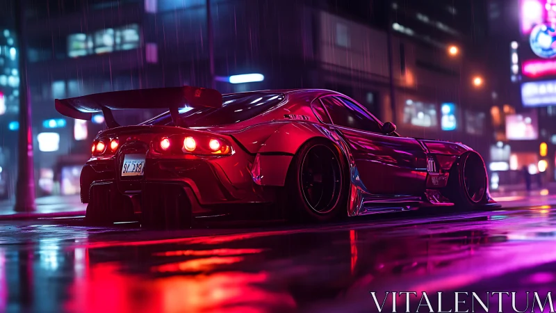 Neon rain crowns a widebody street racer in liquid chrome