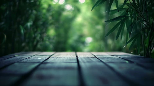 Bamboo hush over a rain-kissed wooden table path.